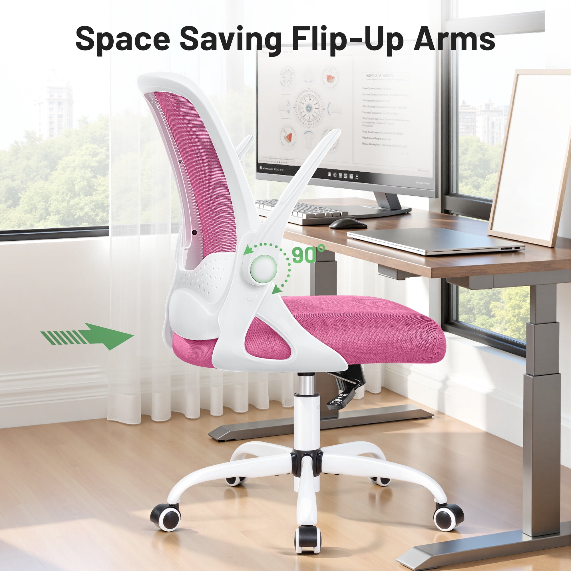 ATHOPE Office Chair, Ergonomic Desk Chair with Lumbar Support Adjustable Height Swivel Wheels Flip-up Arms Mesh Computer Gaming Chair for Home Office, Pink