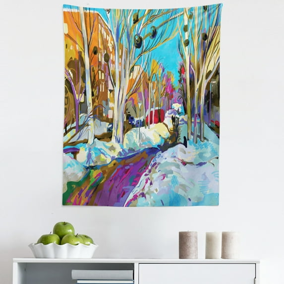 Watercolor Tapestry, Colorful Digital Painting Print of Landscape Winter Road Street, Fabric Wall Hanging Decor for Bedroom Living Room Dorm, 5 Sizes, Sky Blue and Multicolor, by Ambesonne