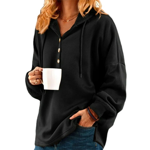 MAWCLOS Sweat à Capuche Femme Col en V Pull Décontracté Automne Manches Longues Noir 5TG