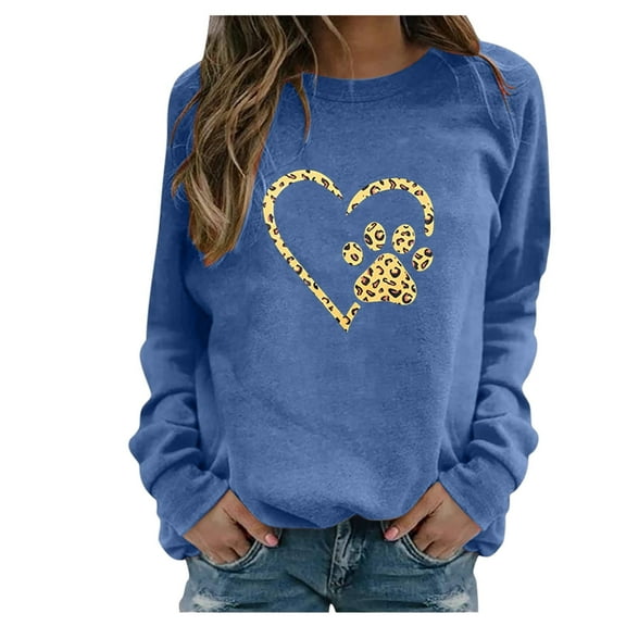 Women T Shirt Ladies Casual Long Sleeve Dog Paw Print O-Neck Pullover Shirt Tops Womens Tees Blue M