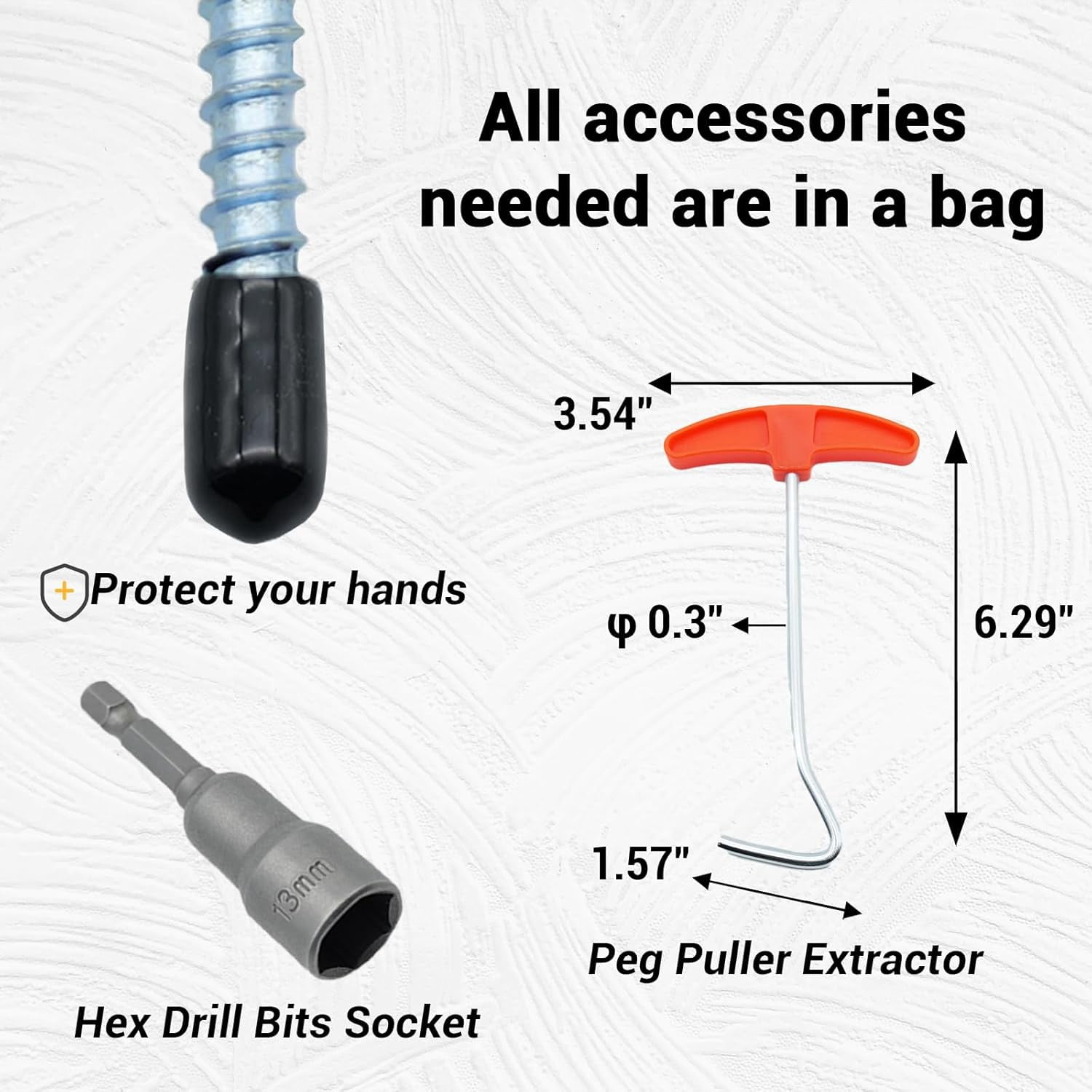 Screw in Tent Stakes Heavy Duty Metal Pegs for Ground, Drill in Camping Stake with Hex Head Driver, Spikes Puller, Protector in Carrying Bag, for Decor, Hiking, Glow in Dark
