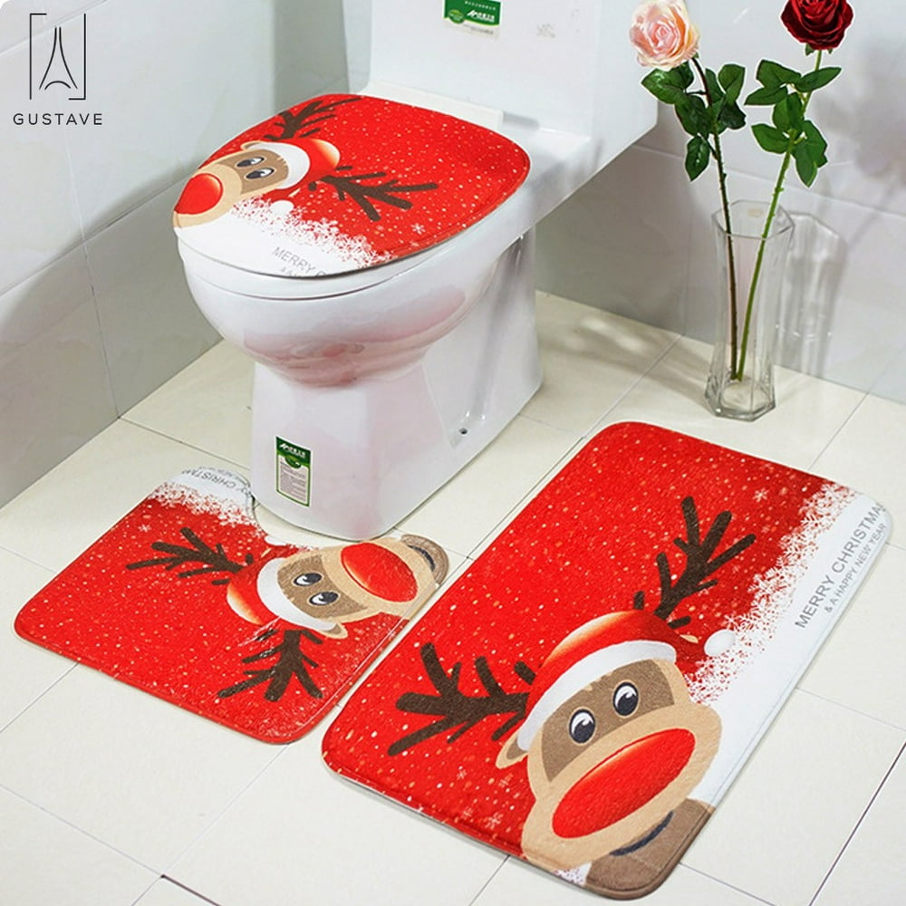 GustaveDesign Christmas Bathroom Set NonSlip Toilet Pedestal Rug