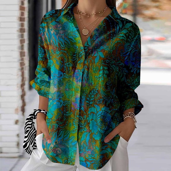 Women's Floral Print Long Sleeve Button Down Shirt, Teal