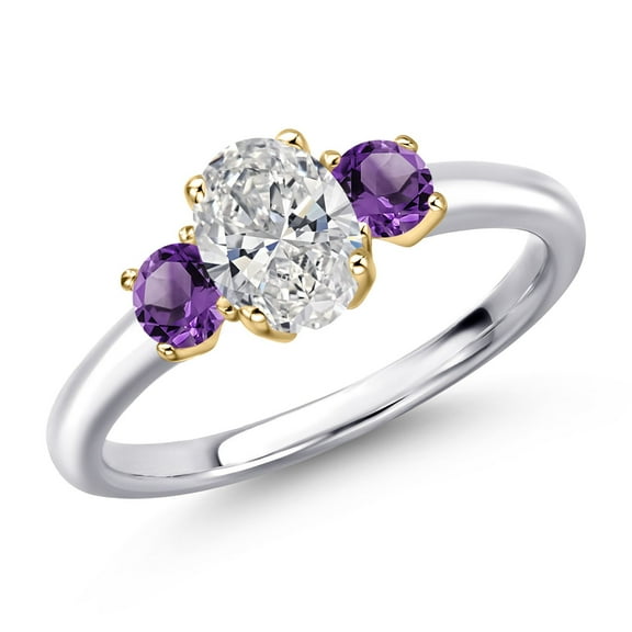 Gem Stone King 925 Silver and 10K Yellow Gold DEF Lab Grown Diamond and Purple Amethyst Engagement Ring for Women | 1.02 Cttw | Oval 7X5MM | Gemstone April Birthstone | Size 5