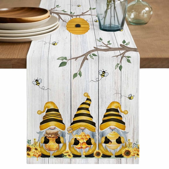 Table Runner 72 Inches Long for Kitchen Dining, Yellow Bees Gnomes Dresser Scarf Farmhouse, Dining Table Decorations for Wedding/Parties, Spring Floral Branches Wooden 13 x 72 In