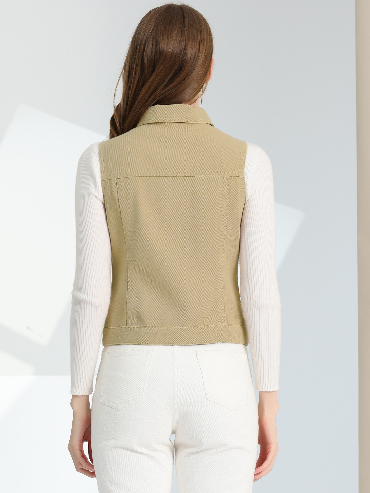 DARING DIVA Women's Denim Sleeveless Flap Pockets Vest Jacket L Light Khaki