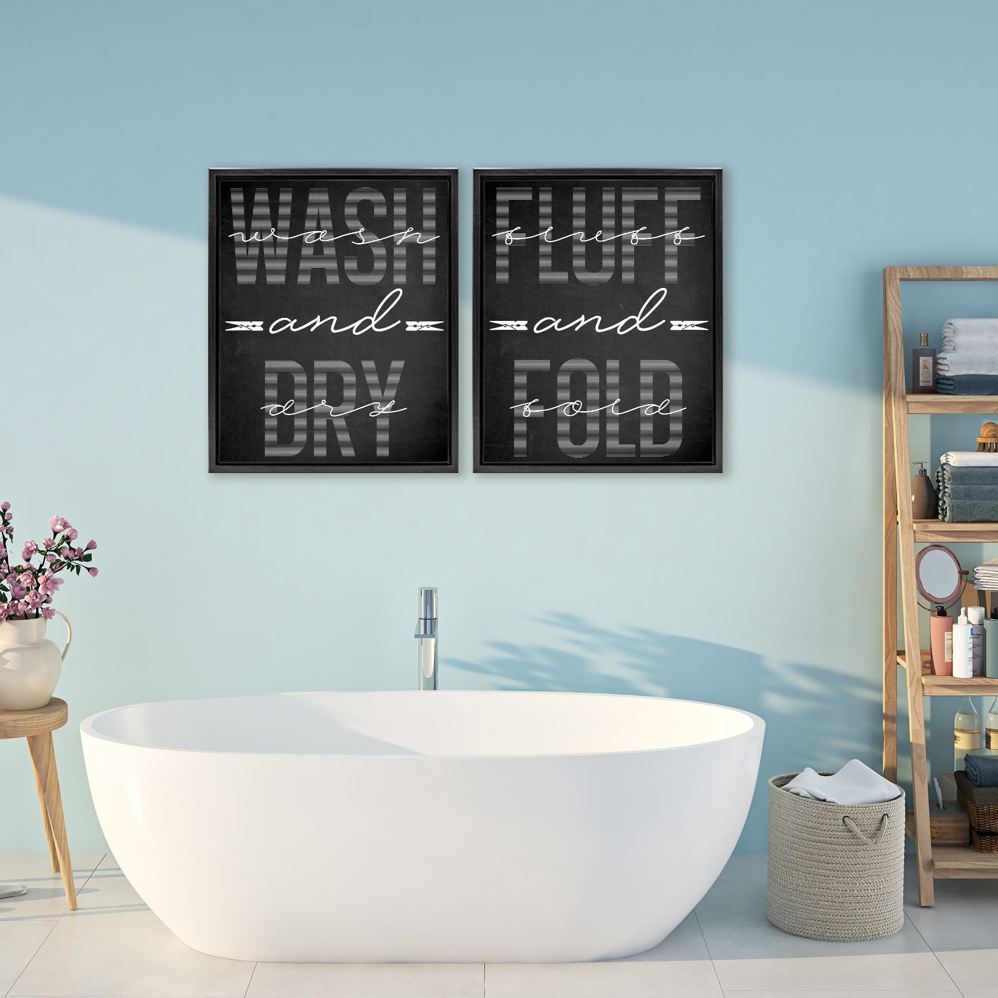 Laundry Words in Black 2 Piece Black Framed Floater Canvas Set, design by Marcus Prime