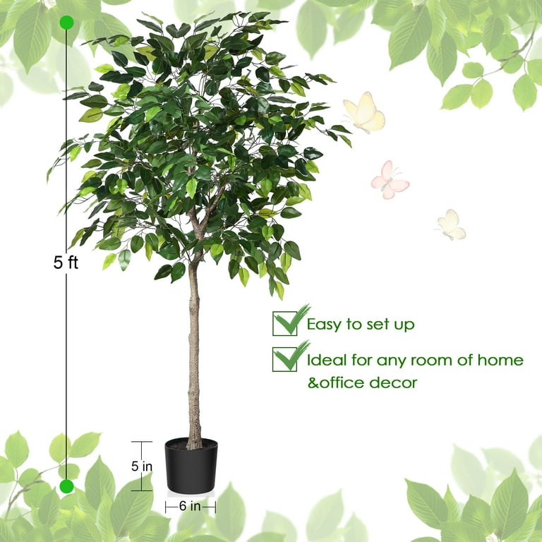 5FT Artificial Ficus Trees with Realistic Leaves and Natural Trunk, Faux  Ficus Tree with Sturdy Plastic Nursery Pot, Fake Ficus Tree for Office Home