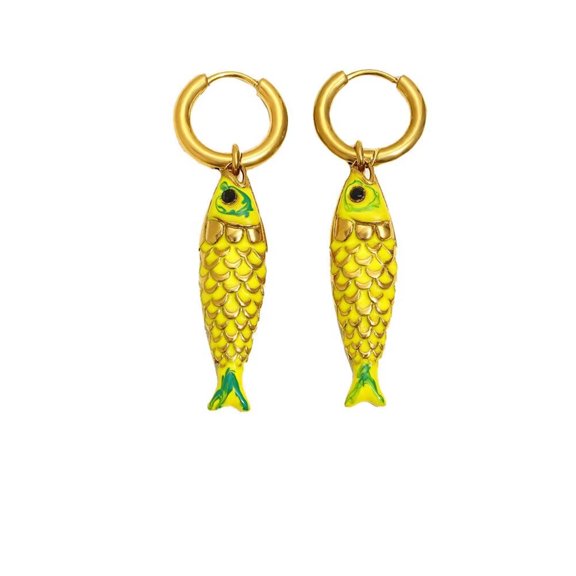 HIJONES Men Women's Dripping Koi Fish Hoop Earrings Stainless Steel Ear Ornament Yello Green