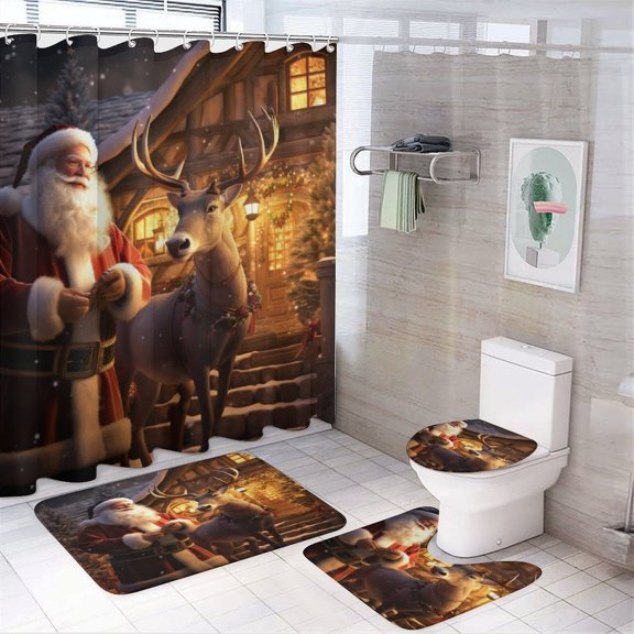 Santa Claus Reindeer Vintage 4PCS Shower Curtain Sets with Rugs with Non-Slip Bath Mat Toilet Rug，72" X 72"