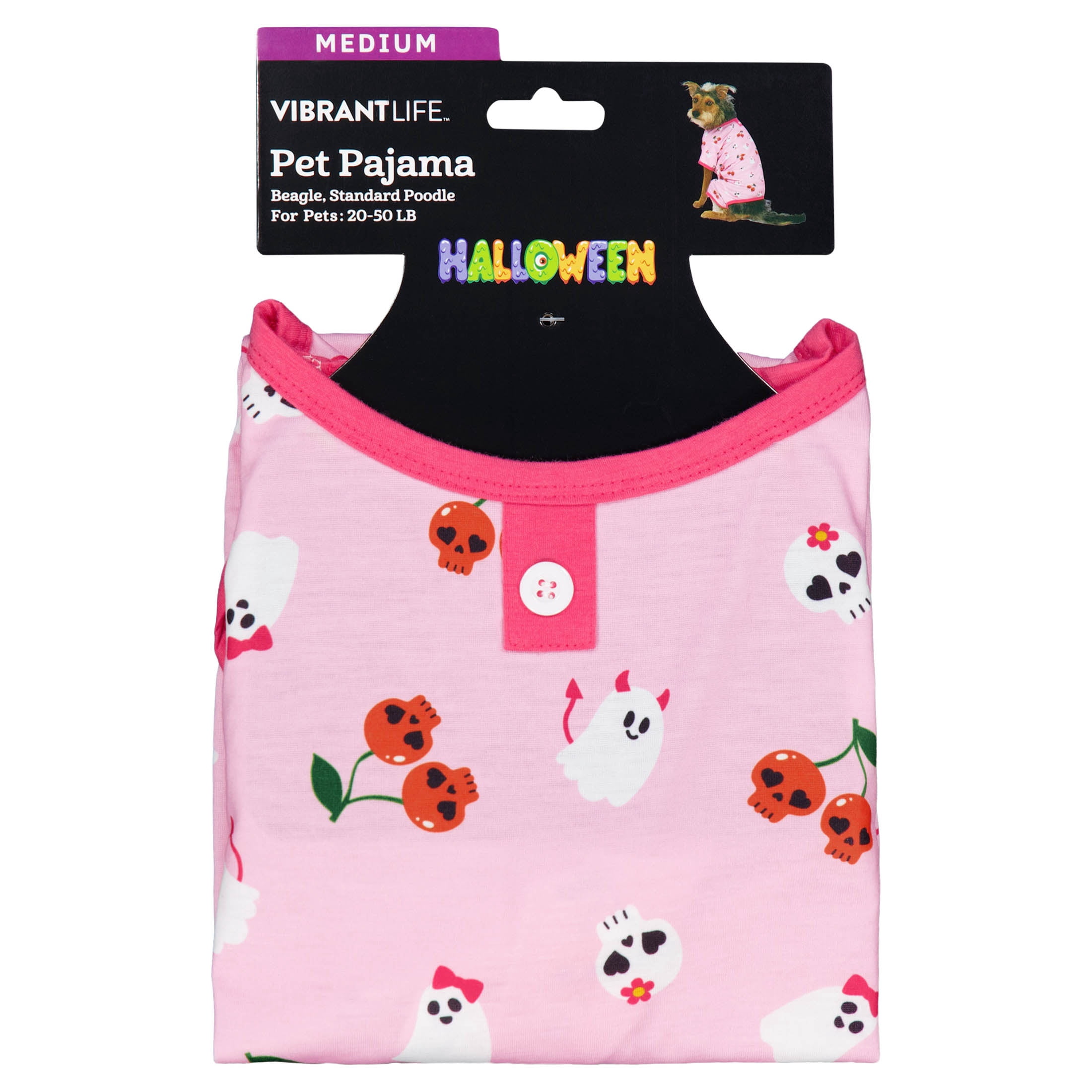 Vibrant Life Halloween Pajamas for Dogs, Skull Cherries and Ghosts, Pink, M
