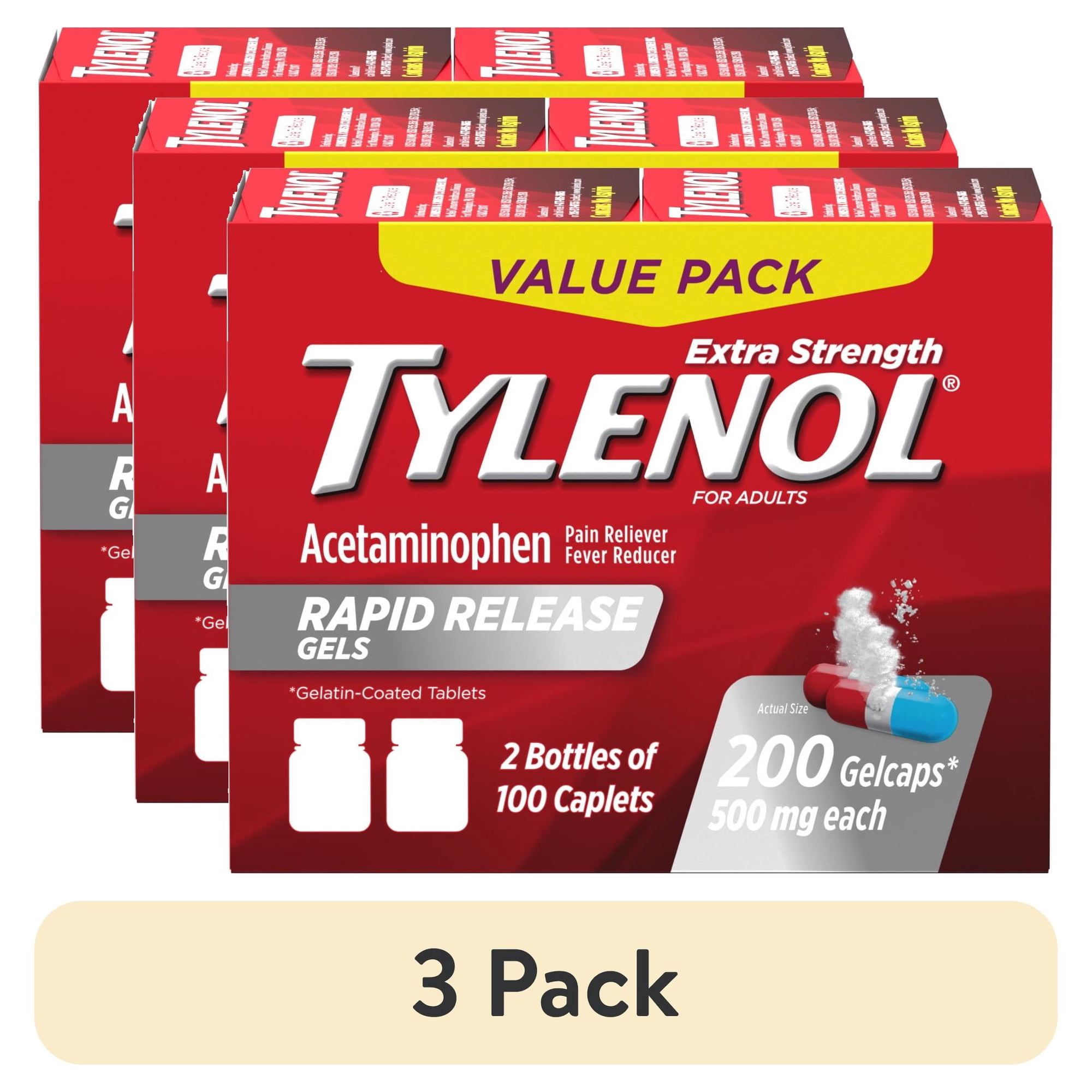 (3 pack) Tylenol Extra Strength 500 mg Acetaminophen Rapid Release Gels, Value Size, 100 x 2 Count
