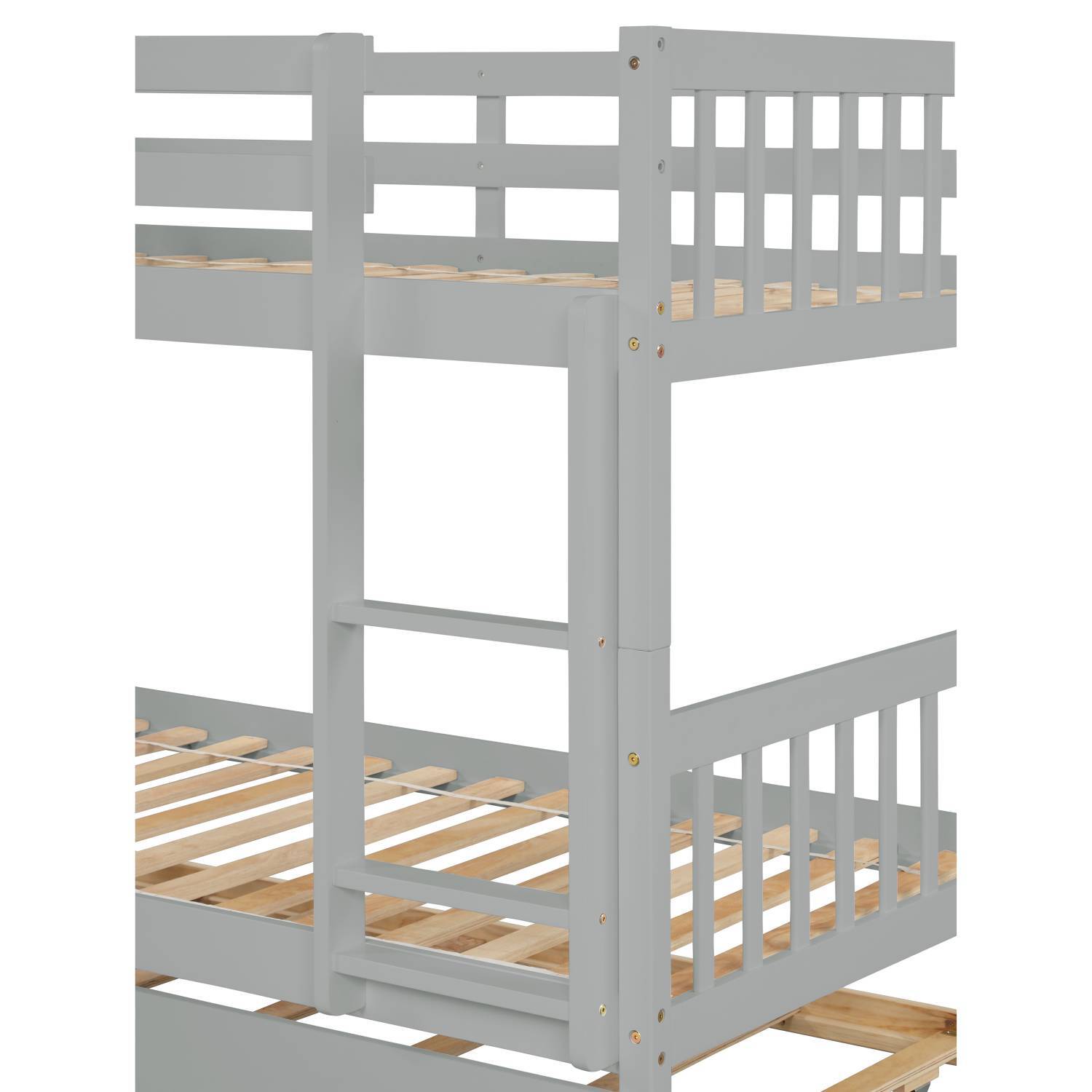Twin Over Twin Bunk Bed with Trundle, Solid Pine Wood Bed Frame with Safety Rail and Ladder for Kids/Teens Bedroom, Convertible Bunk Bed for 3 People, No Box Spring Needed, Gray