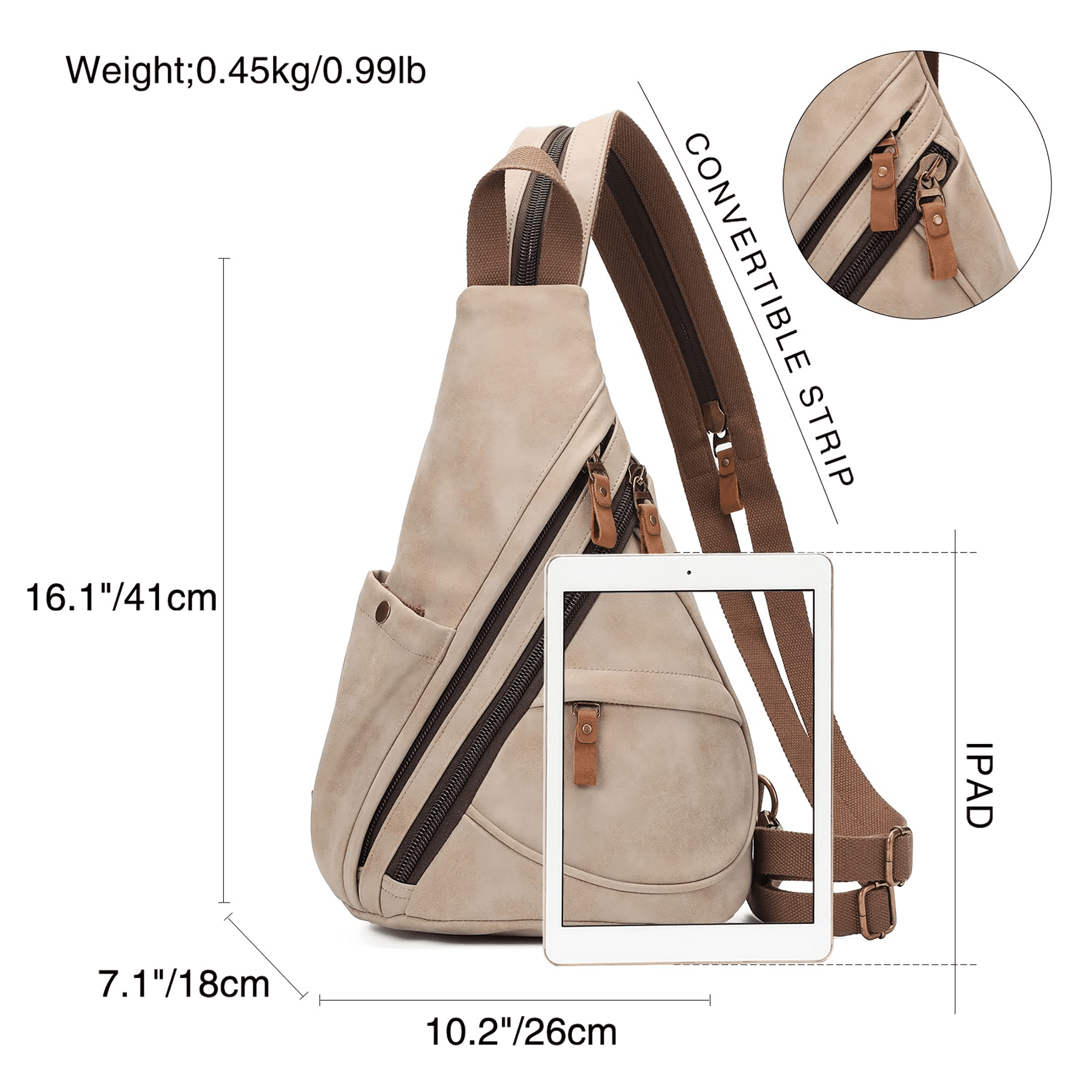 KL928 PU Leather Sling Bag Small Crossbody Backpack Shoulder Casual Daypack Rucksack for Men Women (Khaki)