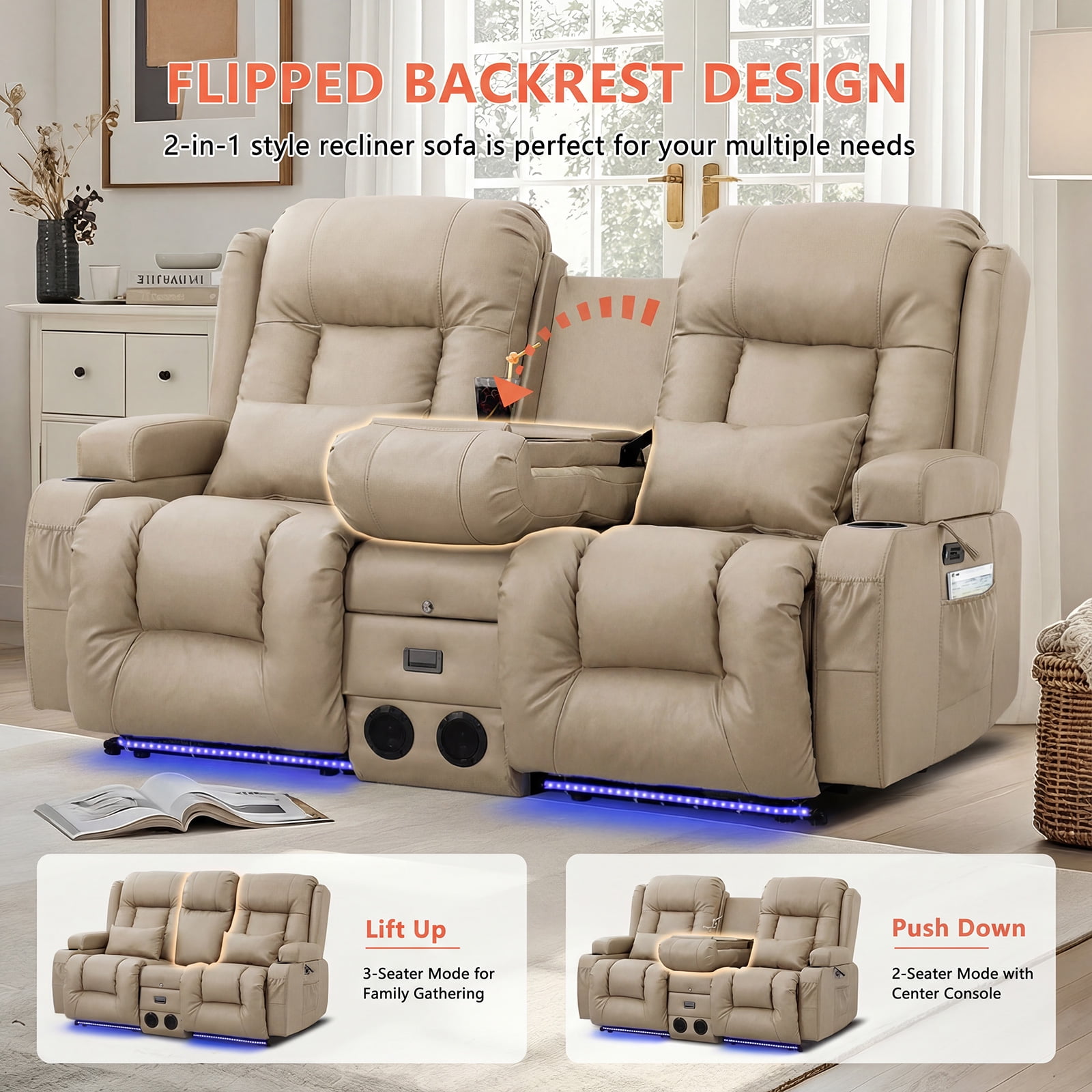 IPKIG Sand Color Power Recliner Loveseat Sofa w/ Massage, Heat, LED Lights, Bluetooth Speakers, USB Ports, Power Outlets Console for Home Theater & RV