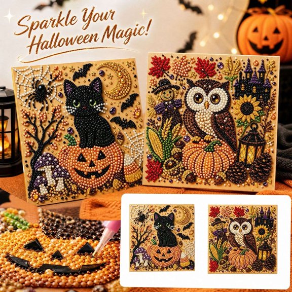 Owl & Halloween Hanging Ornament Set - Sparkling Diamond Painting Kit, A