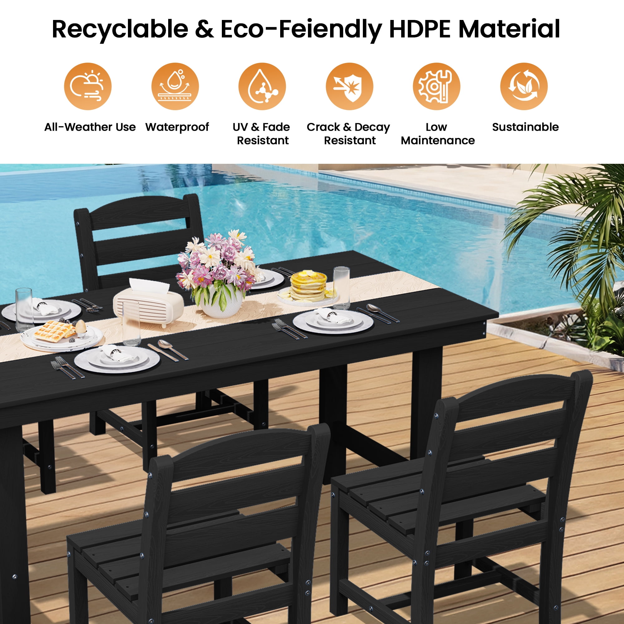 KINGYES 6 Piece Patio Dining Set, HDPE Outdoor Table and Chairs with Bench, Black