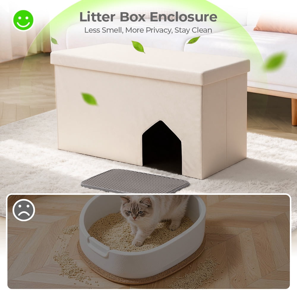 DOMIPET Cat Litter Box Enclosure Hidden Furniture, Multi-Functional Hidden Litter Box Furniture Bench, Dog Proof, Space-Saving Ottoman Cabinet, Foldable Storage Footrest