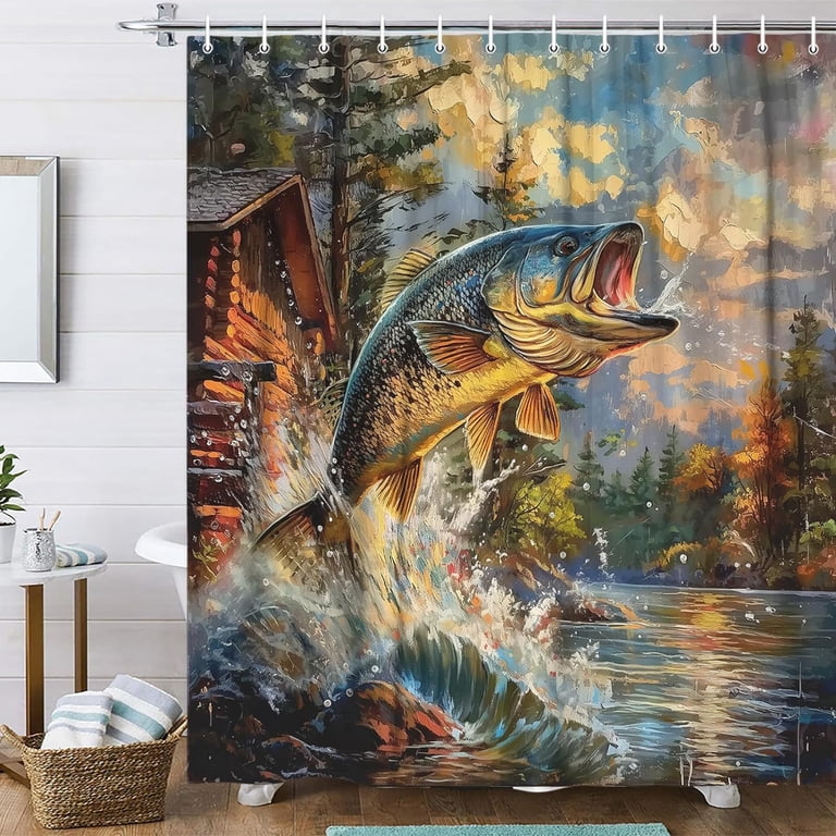 bass fish shower curtain hooks GDHBLING Fishing Natural Animal Men Water Resistant Weighted Shower Curtain Set with Cloth Fabric Decorative,Sage Green,72x72 Inch : Home & Kitchen more striking A Few Men Can Catch