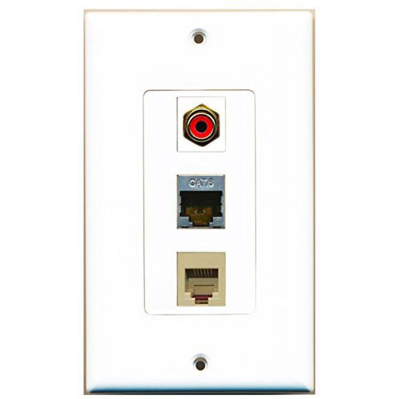 RiteAV - 1 Port RCA Red and 1 Port Phone RJ11 RJ12 Beige and 1 Port Shielded Cat6 Ethernet Decorative Wall Plate Decorative