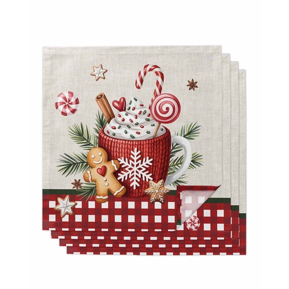 Christmas Cloth Napkins Set of 4 Reusable Dinner Napkins, Retro Winter Ice Cream Snowflakes Needles Plaid Cocktail Napkin Washable Table Napkins for Wedding/Holiday Party/Baby Shower 20"x20"