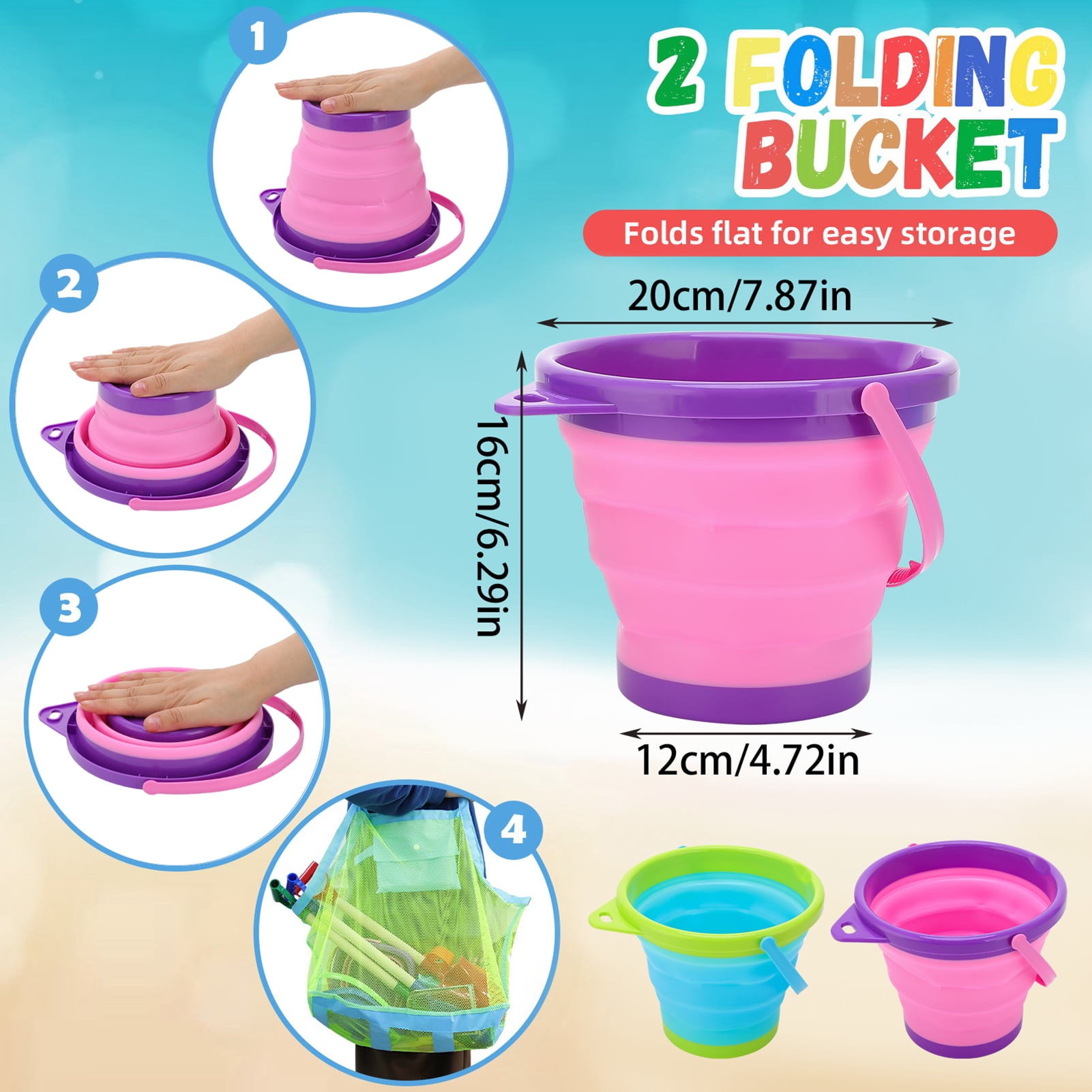 sixwipe 27 Pcs Beach Toys for Kids, Collapsible Sand Bucket and Shovels Set with Mesh Bag & Sand Molds, Sand Castle Toys for Beach, Travel Sand Toys for Beach, Sandbox Toys for Toddlers Kids Age 3-10