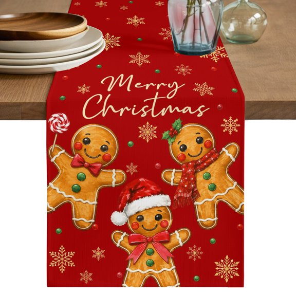 Red Christmas Gingerbread Table Runner 120 Inches Long - Xmas Winter Snowflakes Candy Kitchen Dining Burlap Linen Tablerunner for Small/Round/Square/Wedding/Coffee/Dining Table Party Décor 13 x 120