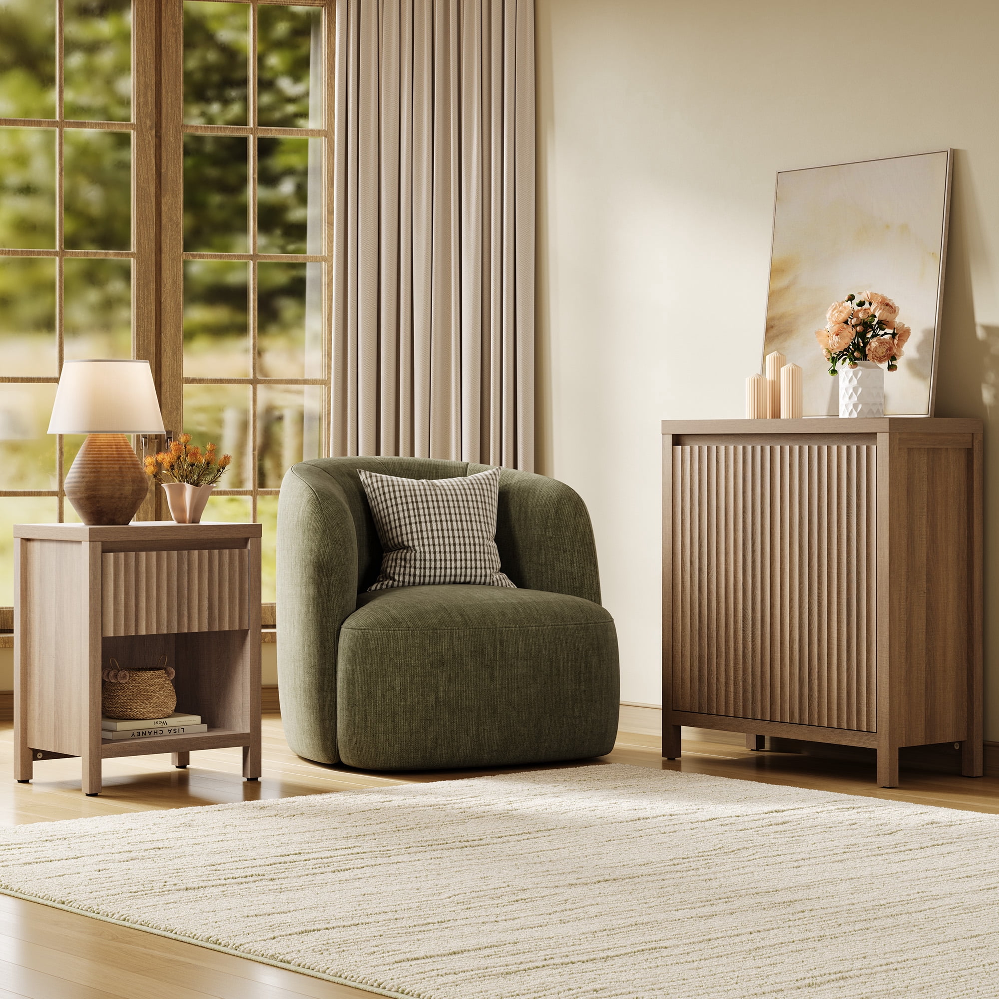 SICOTAS 26" Tall Farmhouse Nightstand Set of 2 with Drawer, Modern Beside Table with Minimalist Fluted Design & Handle-Less Storage Engineered Wood Bed Side Table for Bedroom, Natural Oak