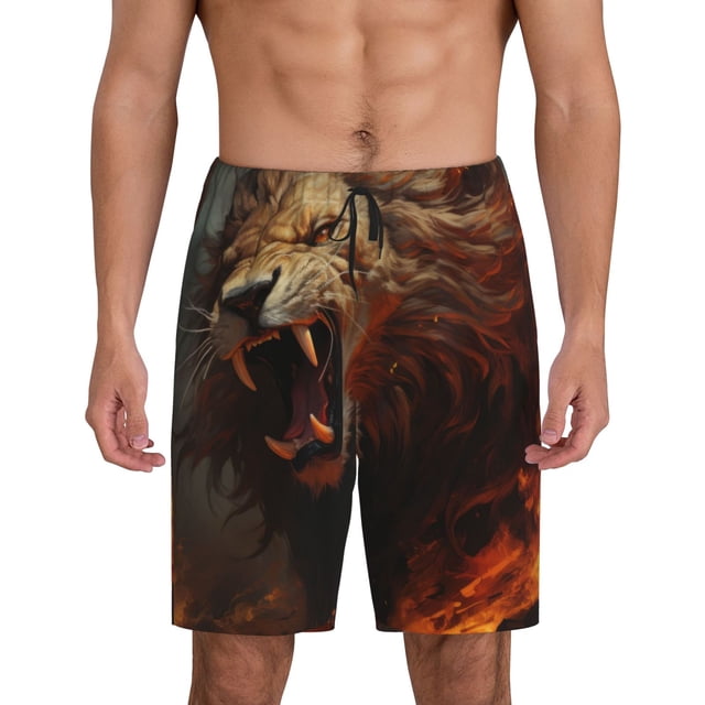 Balery Cool Flame Lion A Pantalones cortos de pijama de punto de algodón para hombre con cinturilla y bolsillos-Small
