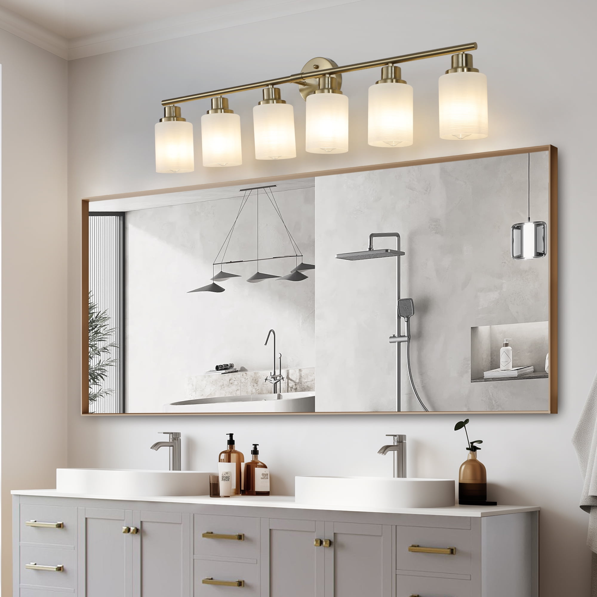Newest 39” Modern 6-Light Bathroom Vanity Light, Golden Finish with Frosted Glass Shades for Vanity & Hallway