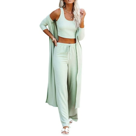 

Yskkt Womens Pajamas Set Fall 3 Piece Loungewear Set Crop Vest Top Loose Pants and Cardigan Knitwear Jumpsuit Warm