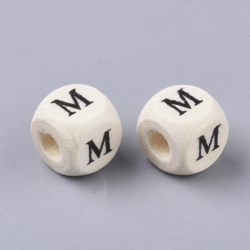 500 g Printed Natural Wood Beads Horizontal Hole Cube with Initial Letter PapayaWhip Letter M 10x10x10mm Hole: 3.5mm about 950~1000pcs/500g