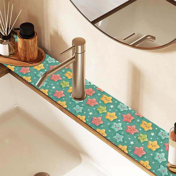 Faucet Mat for Kitchen Sink 30'' Sink Splash Guard Mat Super Absorbent Fast Drying Drain Pad Lovely Cartoon Stars 2 Pack