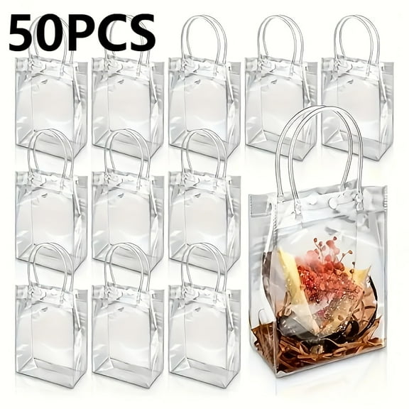 50Pcs Clear Gift Bags with Handles, Reusable Clear Plastic Gift Bags, Portable Goody Bags for Christmas, Mother's Day, Wedding, Baby Shower, Birthday Party, Party Favor, 7.9" X 5.9" X 2.75"