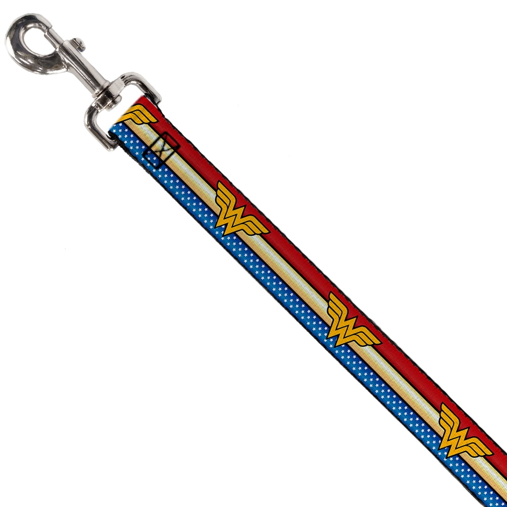 DC Comics Pet Leash, Dog Leash, Wonder Woman Logo Stripe Stars Red Gold Blue White, 6 Feet Long 1.0 Inch Wide