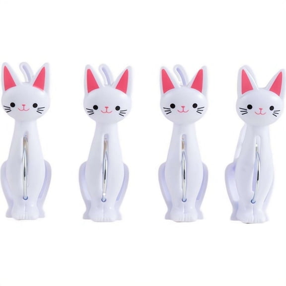 4PCS Plastic Clothespins Laundry Clothes Pins, Plastic Clothespins, Windproof Clothes Pins Clips with Cute Cartoon Cat Design for Home Drying and Outdoor - White