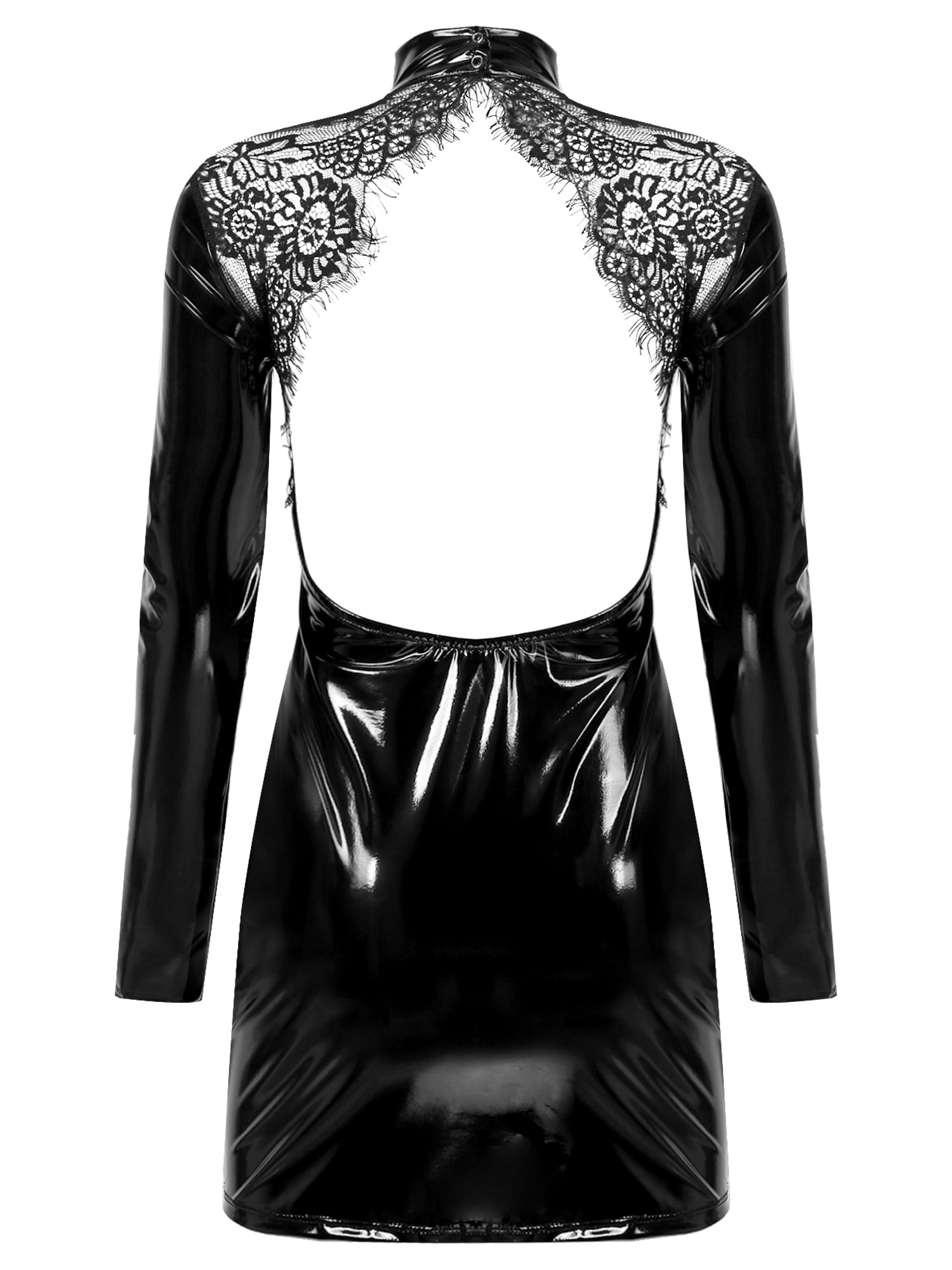 IEFIEL Womens Wetlook Latex Lace Mini Dress Bodycon Backless