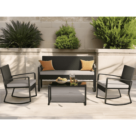 Outdoor Sectional Furniture Set Clearance, Lofka 4-Piece Rattan Patio Furniture With Cushions And Glass Coffee Table For Backyard, Poolside, Porch - Grey