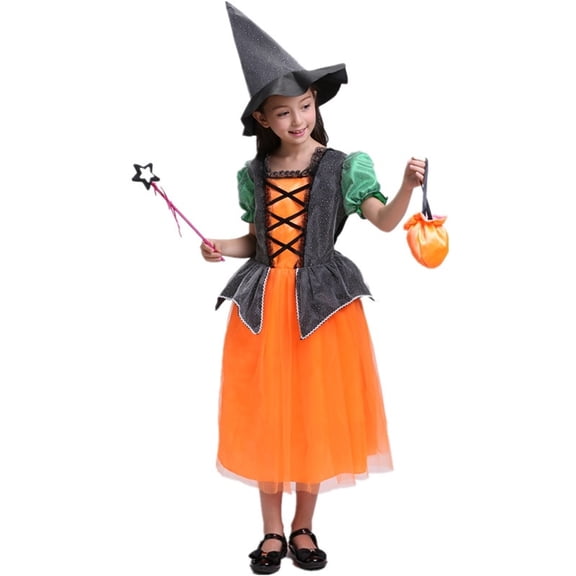 BOOMNY Halloween Girls Witch Dress Up Funny Witch Mesh Tulle Dress Clothes Sets for Kids Playful Stage Performance Outfits