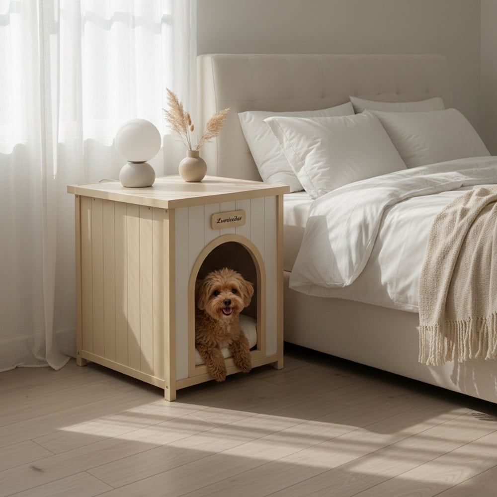 Modern Indoor Wooden Pet House with Removable Cushion - Solid Cedar Furniture for Small Pets