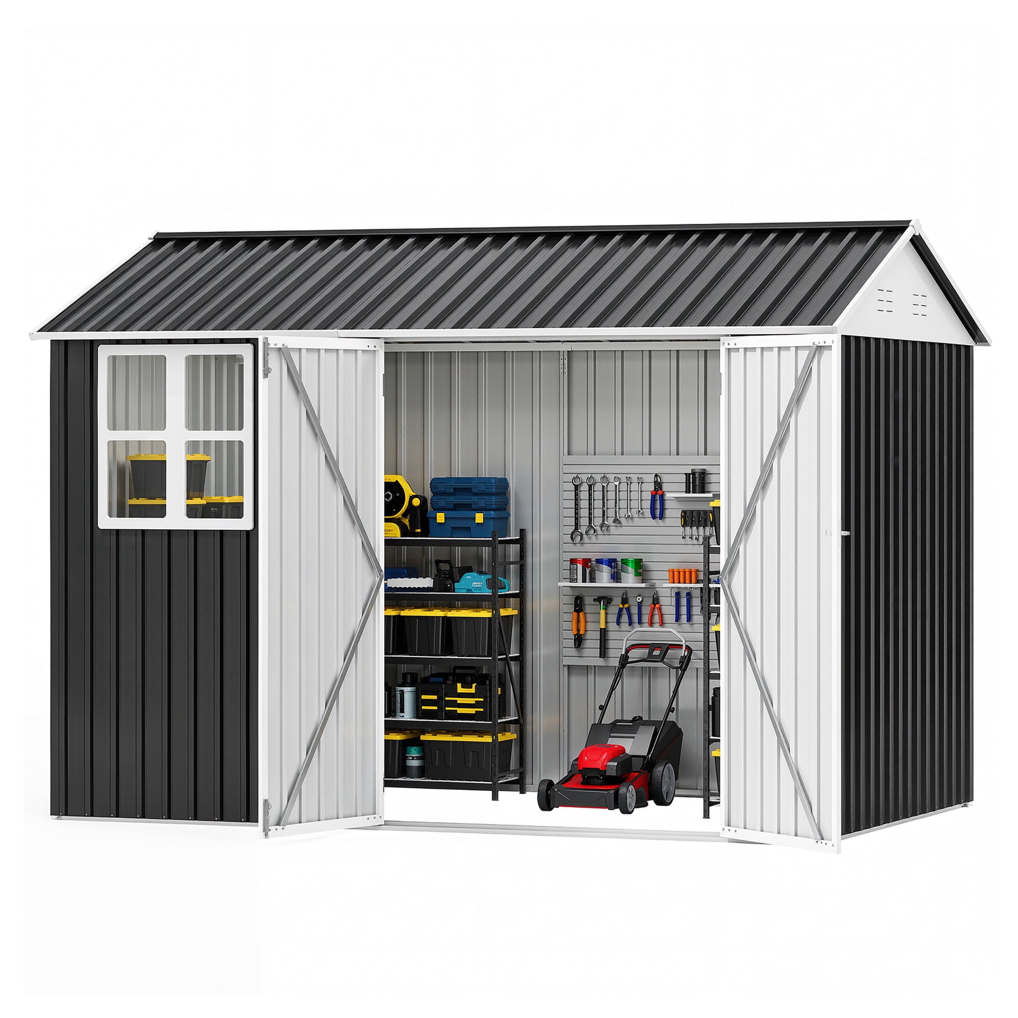 Uforic Metal Outdoor Storage Shed, 8x10ft Steel Tool Shed with Window, Lockable Door and Sloped Roof, for Backyard Patio Garage Lawn, Gray and White
