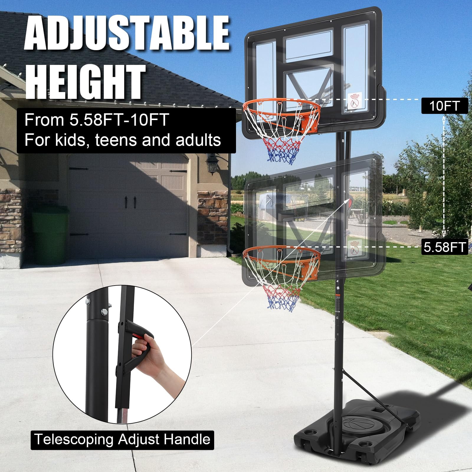 Outdoor Basketball Hoop – Adjustable Height 4.43 to 10ft, Portable Basketball Goal for Adults, Enlarged Base with PC Backboard, Ideal for Backyard, Driveway, and Indoor Use, Family Friendly