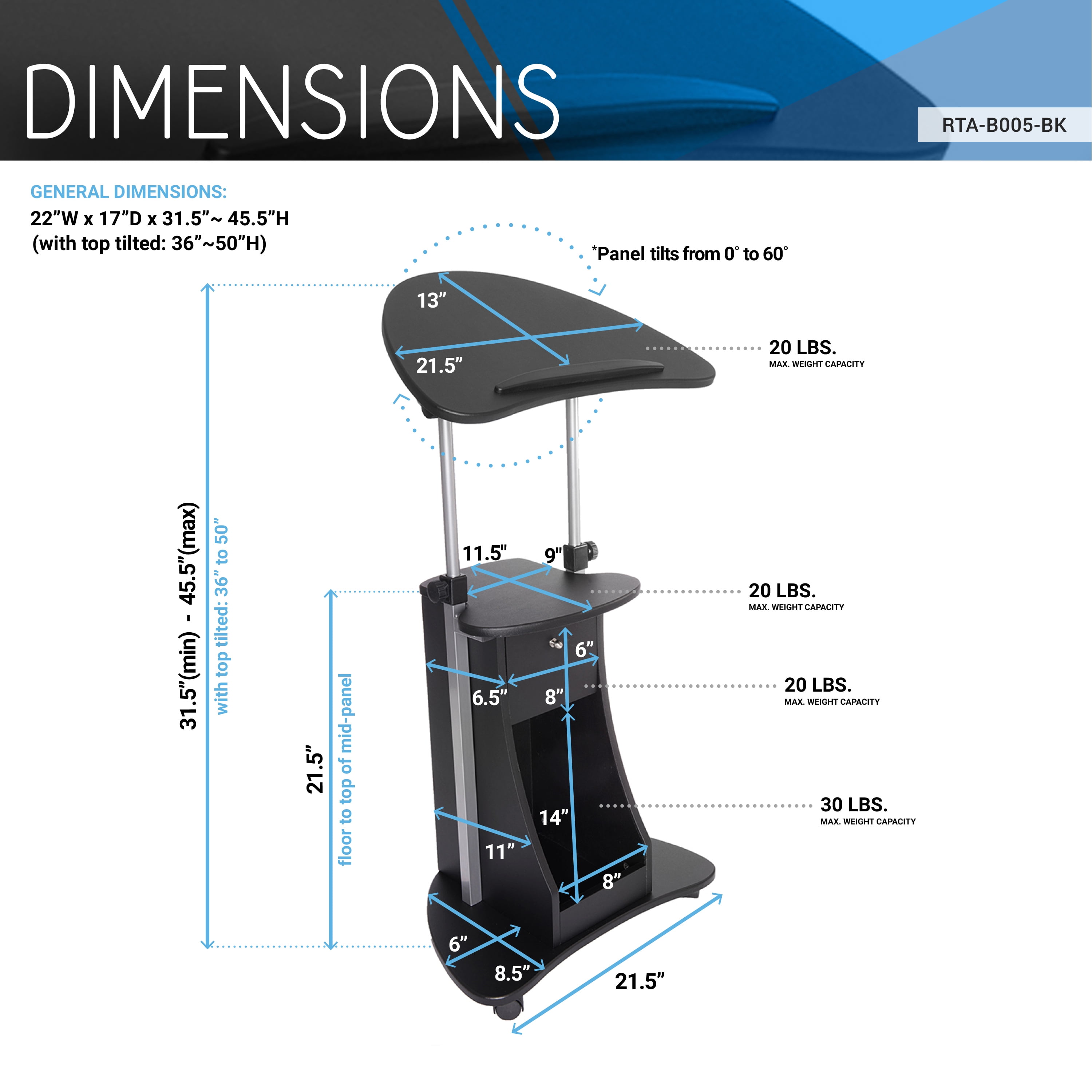 Sit-to-Stand Rolling Adjustable Laptop Cart with Open & Closed Storage, 31.5-45.5in Height Tilting Desktop Lockable Casters Moisture Resistant MDF Mobile Workstation