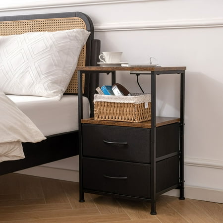 Bigroof 2 Drawer Dresser for Bedroom, Nightstand with Led Light and Charging Station, Small Night Stand Bedside Table, Fabric Bins, Metal Frame, Side Furniture(Rustic Brown)