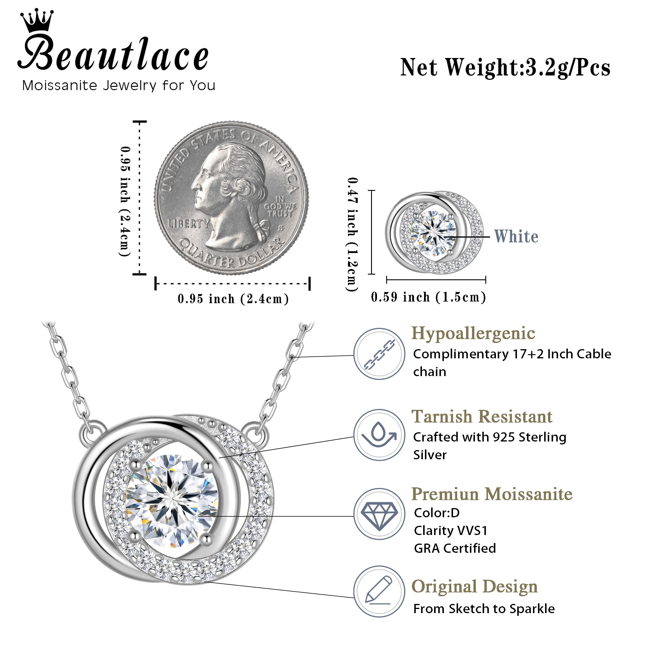 Beautlace 1 Carat Moissanite Necklace D Color VVS1 Round Cut Simulated Diamond Halo Pendant Necklace, 925 Sterling Silver April Birthstone Necklace Birthday Christmas Jewelry Gifts for Women