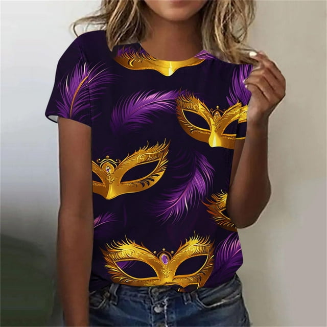 Ounisa 2025 Womens Short Sleeve Tops Mardi Gras Costumes Fashion Round Neck Color Printed Blouse