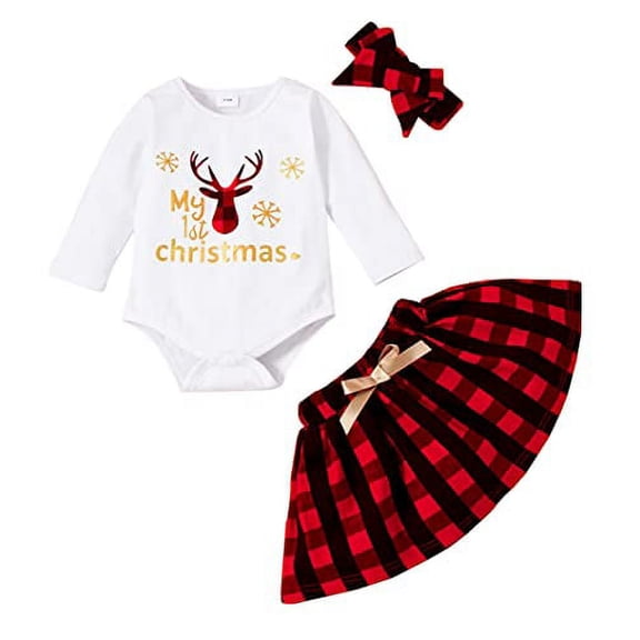 StylesILove Infant Baby Girls My 1st Christmas Reindeer Long Sleeve Cotton Bodysuit, Plaid Skirt & Headband 3pcs Festive Holiday Outfit (12 Months)