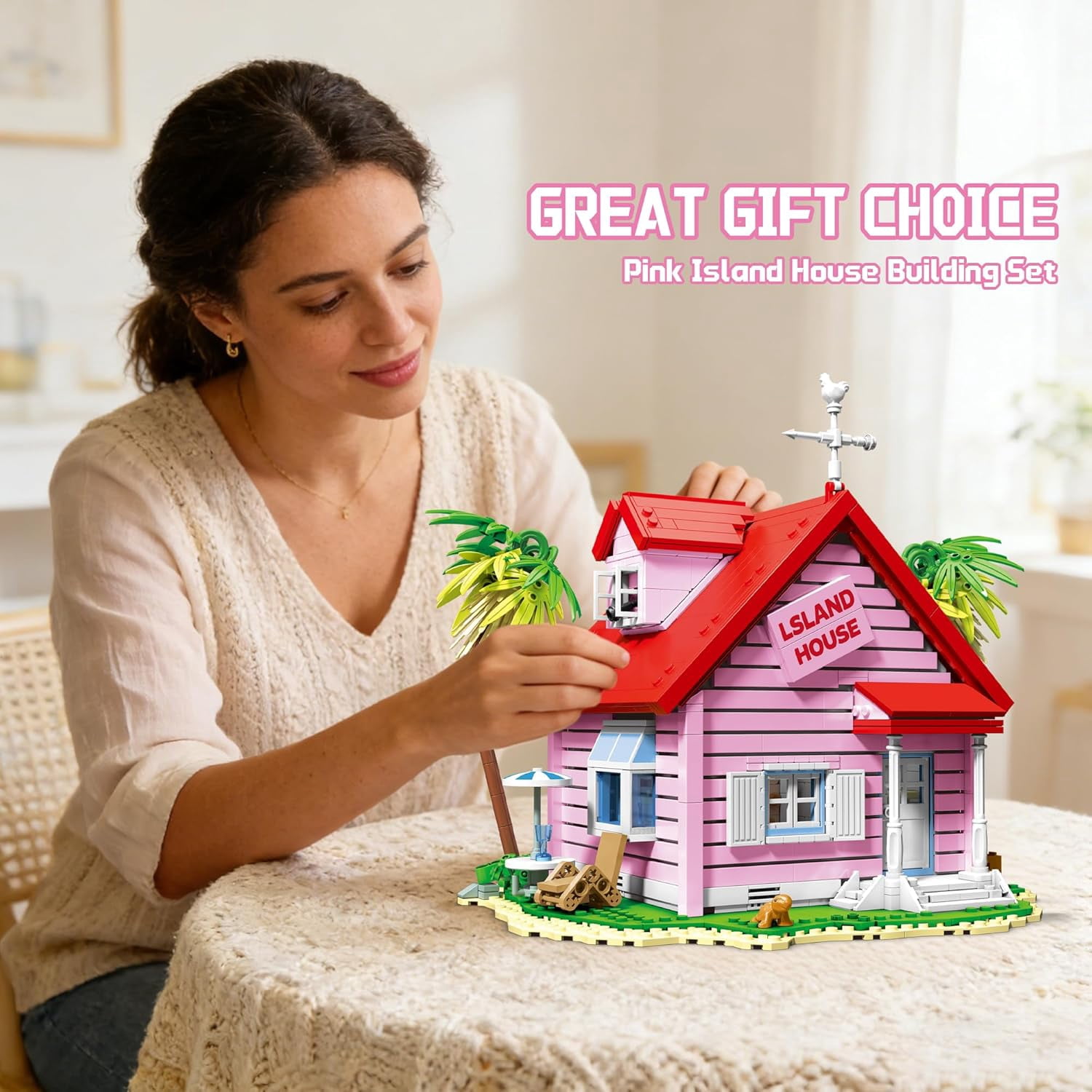 Pink Island House Building Set, Seaside Villa Cabin Compatible with Lego Collection Model Kit 1434PCS