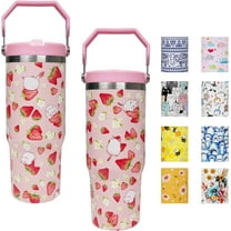 30 oz Strawberry Flip Straw Tumbler with Top Handle for Strawberry Lover Insulated Resuable Vacuum Tumbler with Flip Straw and Handle for Home Office Car Dishwasher Safe Pink Strawberry