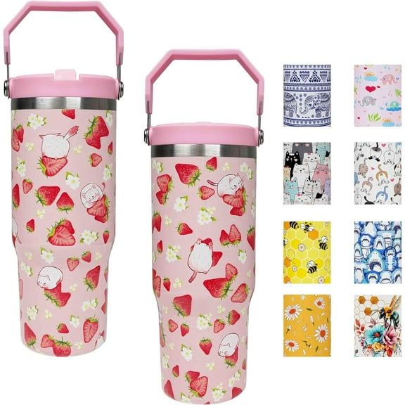 30 oz Strawberry Flip Straw Tumbler with Top Handle for Strawberry Lover Insulated Resuable Vacuum Tumbler with Flip Straw and Handle for Home Office Car Dishwasher Safe Pink Strawberry